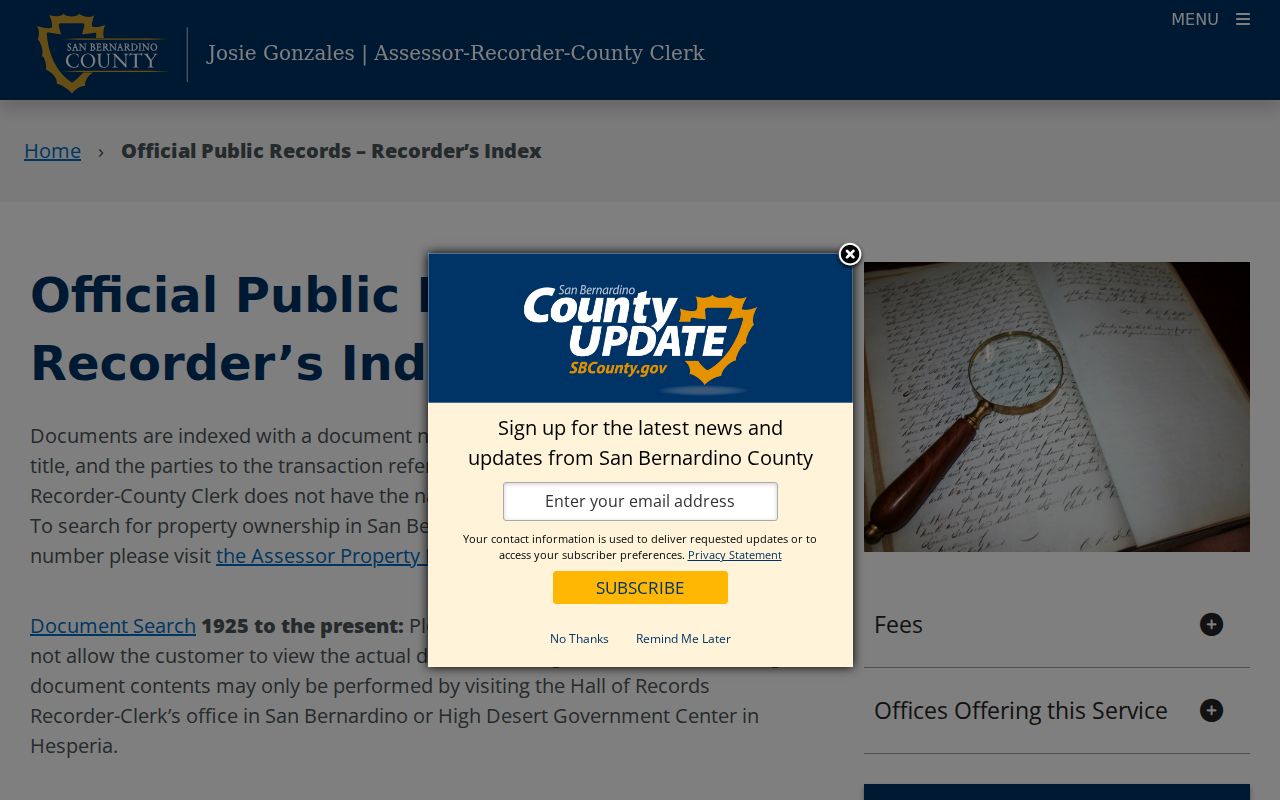 San Bernardino County previous residents recorder official records index